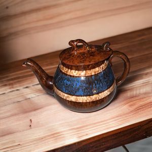 VTG Brown Pottery Teapot with Blue and Gold  Accent Unique Lid From England